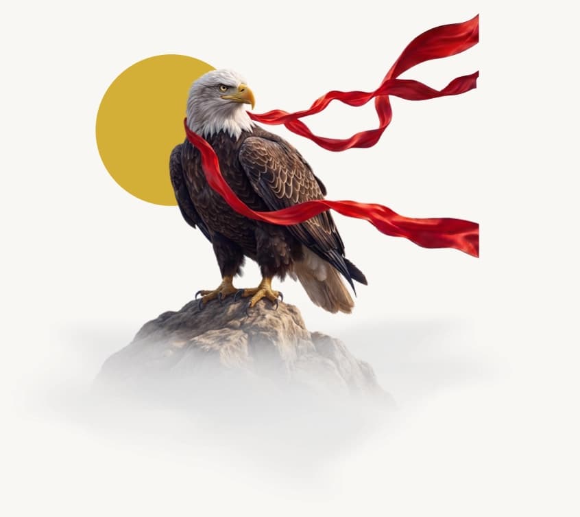 Bald eagle with flowing red ribbons, representing brands ready to lead