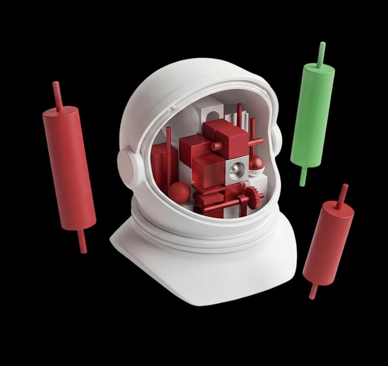 Strategic digital marketing partner - 3D astronaut helmet with financial candlestick charts