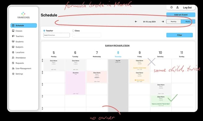 Fun and School schedule screenshot with diagnosis notes