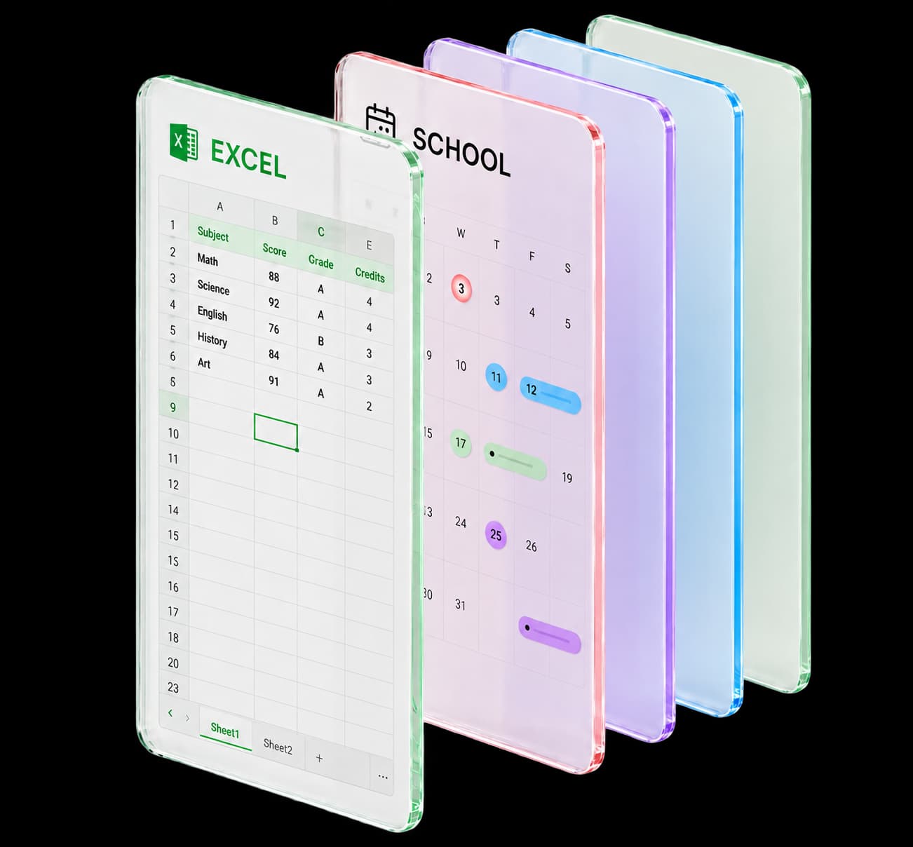 Stacked Excel and school calendar interfaces