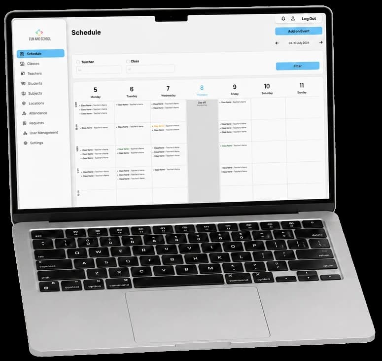 Fun and School Phase 1 schedule management system on a laptop