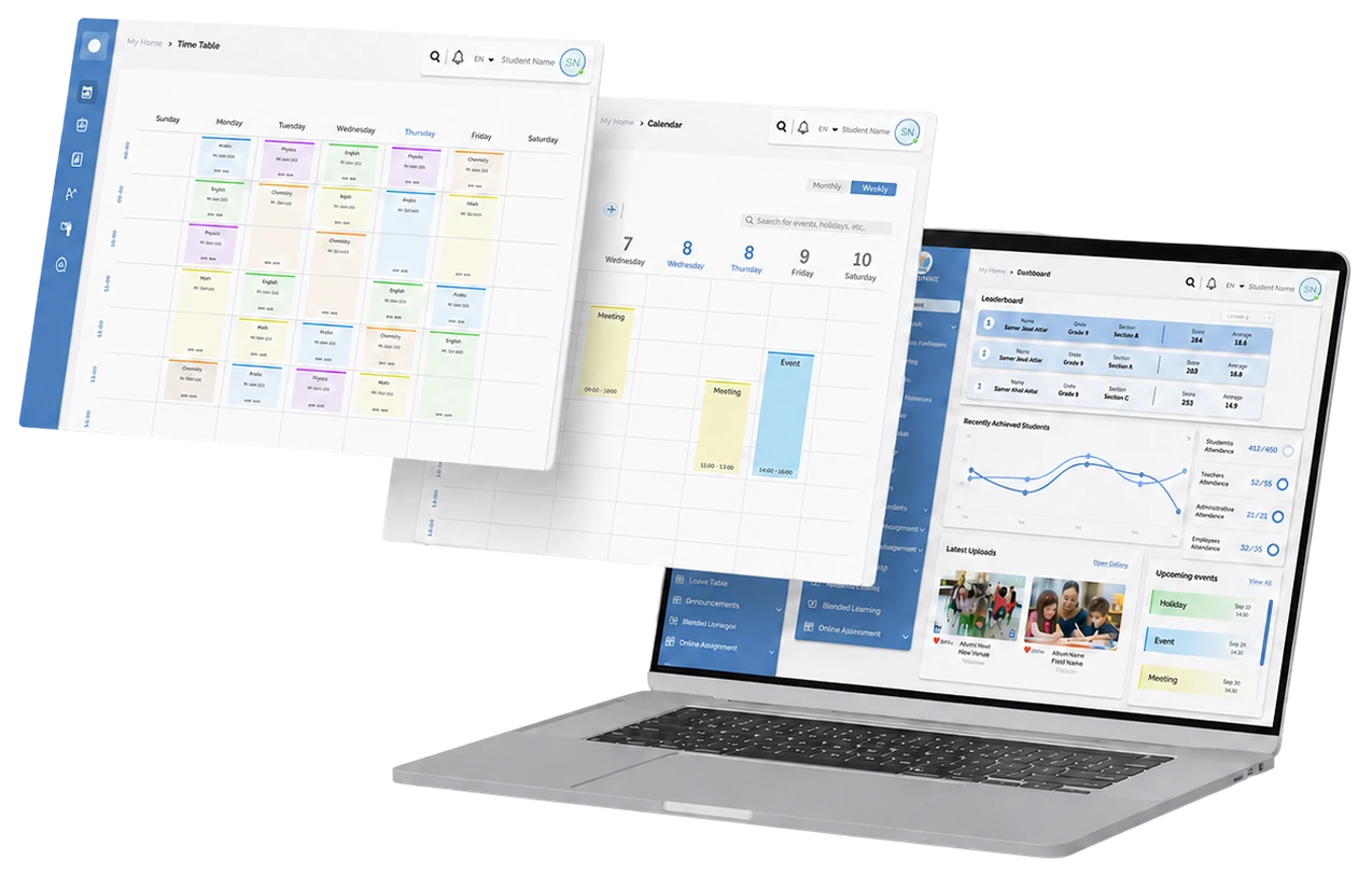 Massarat dashboard, calendar, and timetable across devices