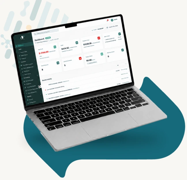 Noble Care pharmacy dashboard on a laptop