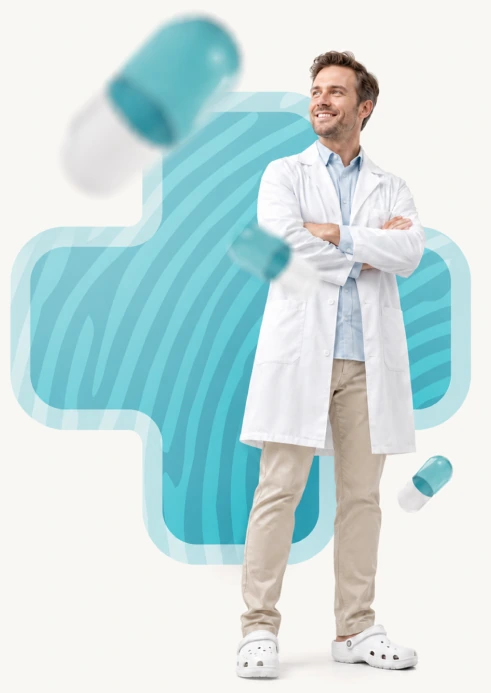 Noble Care clinician with fingerprint-patterned medical cross