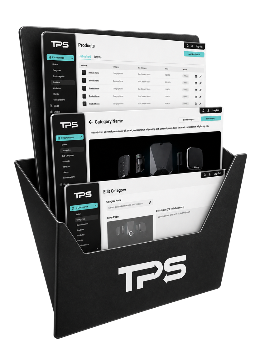 TPS ecommerce admin screens in a branded folder mockup